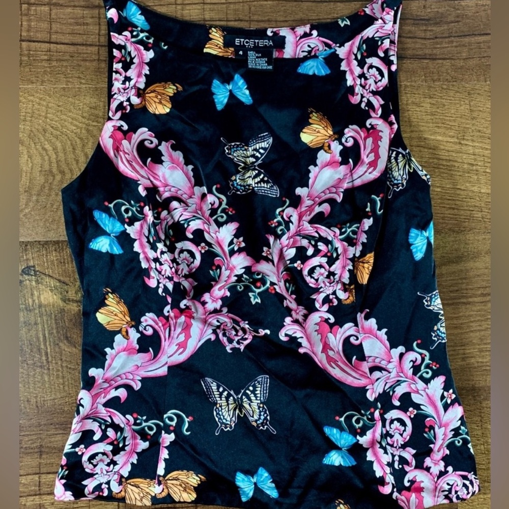 Etcetera Silk Butterfly Sleeveless Top SZ 4 Side zipper allows for a fitted look